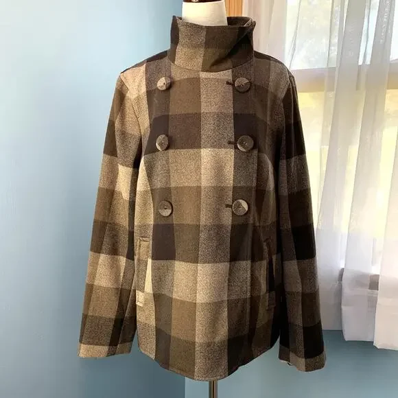 NWT Liz Claiborne Brown Combo Plaid Peacoat Size Medium - Picture 2 of 6